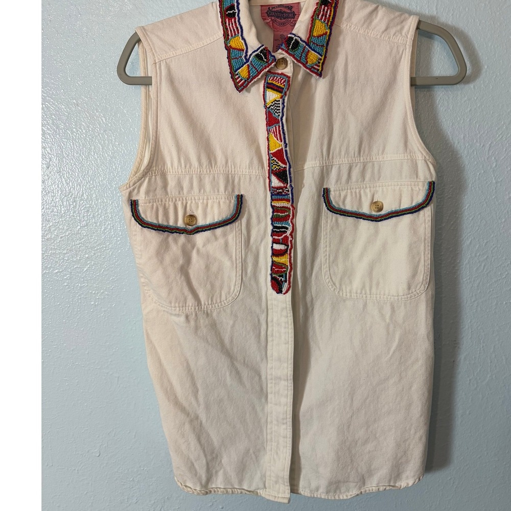 Vintage Cambridge Country Store White Denim Beaded Sleeveless Top Western Sz 10